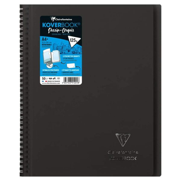 Cahier dessin/croquis Koverbook reliure int&eacute;grale enveloppante A4+ 100 pages papier blanc 125 g couverture polypropyl&egrave;ne transparent