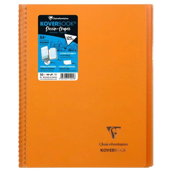 Cahier dessin/croquis Koverbook reliure int&eacute;grale enveloppante A4+ 100 pages papier blanc 125 g couverture polypropyl&egrave;ne transparent