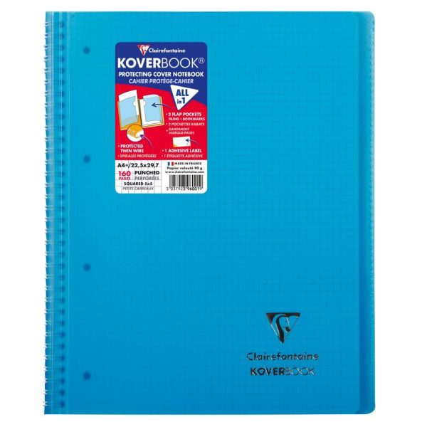 Cahier reliure int&eacute;grale enveloppante Koverbook A4+ 160 pages petits carreaux d&eacute;tachables perfor&eacute; 4 trous couverture polypropyl&egrave;ne transparent