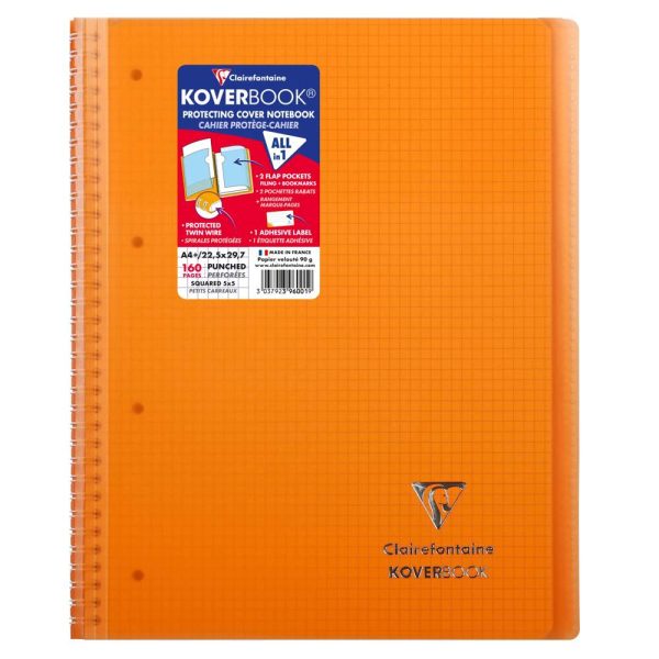 Cahier reliure int&eacute;grale enveloppante Koverbook A4+ 160 pages petits carreaux d&eacute;tachables perfor&eacute; 4 trous couverture polypropyl&egrave;ne transparent