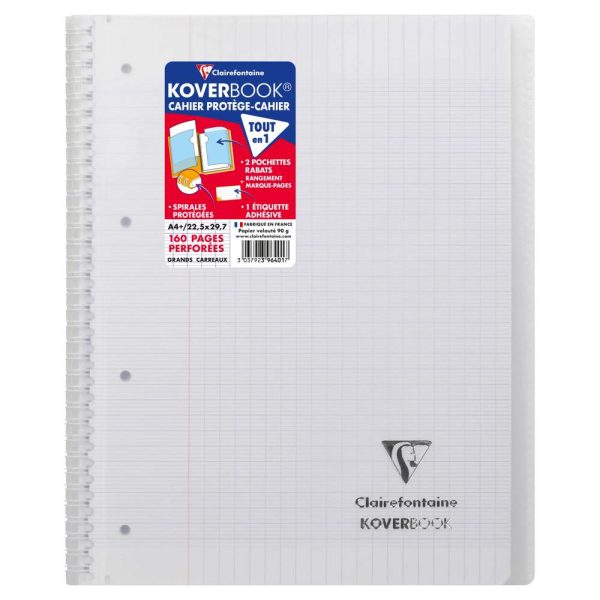 Cahier reliure int&eacute;grale enveloppante Koverbook A4+ 160 pages grands carreaux d&eacute;tachables perfor&eacute; 4 trous couverture polypropyl&egrave;ne transparent