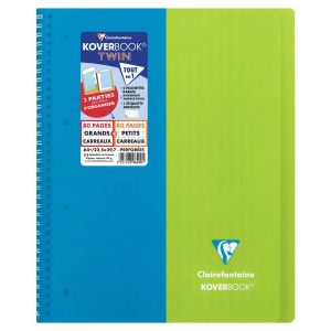 Cahier reliure int&eacute;grale enveloppante Koverbook TWIN A4+ 80 pages grands carreaux + 80 pages petits carreaux d&eacute;tachables perfor&eacute; 4 trous couverture polypropyl&egrave;ne bicolore