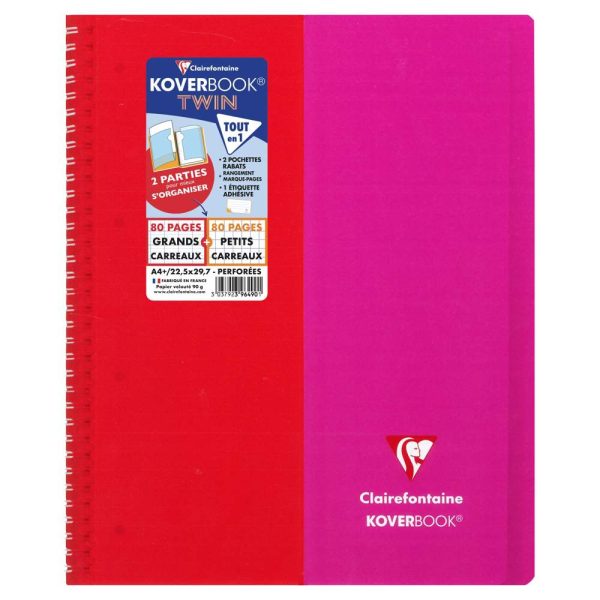 Cahier reliure int&eacute;grale enveloppante Koverbook TWIN A4+ 80 pages grands carreaux + 80 pages petits carreaux d&eacute;tachables perfor&eacute; 4 trous couverture polypropyl&egrave;ne bicolore