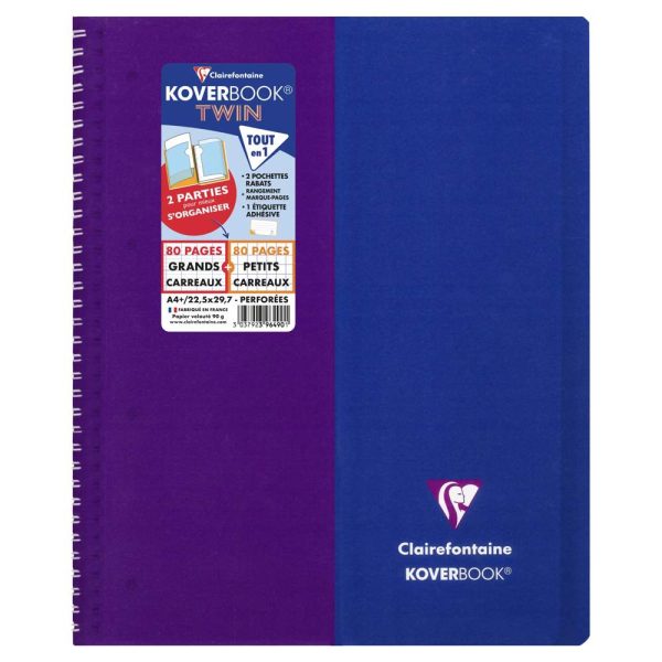 Cahier reliure int&eacute;grale enveloppante Koverbook TWIN A4+ 80 pages grands carreaux + 80 pages petits carreaux d&eacute;tachables perfor&eacute; 4 trous couverture polypropyl&egrave;ne bicolore