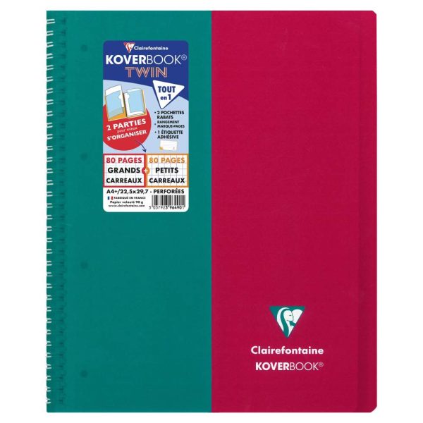 Cahier reliure int&eacute;grale enveloppante Koverbook TWIN A4+ 80 pages grands carreaux + 80 pages petits carreaux d&eacute;tachables perfor&eacute; 4 trous couverture polypropyl&egrave;ne bicolore