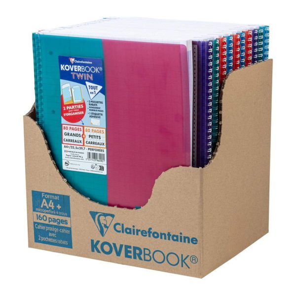 Cahier reliure int&eacute;grale enveloppante Koverbook TWIN A4+ 80 pages grands carreaux + 80 pages petits carreaux d&eacute;tachables perfor&eacute; 4 trous couverture polypropyl&egrave;ne bicolore