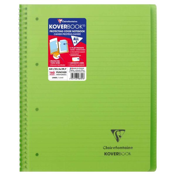 Cahier reliure int&eacute;grale enveloppante Koverbook A4+ 160 pages lign&eacute; sans marge d&eacute;tachables perfor&eacute; 4 trous couverture polypropyl&egrave;ne transparent