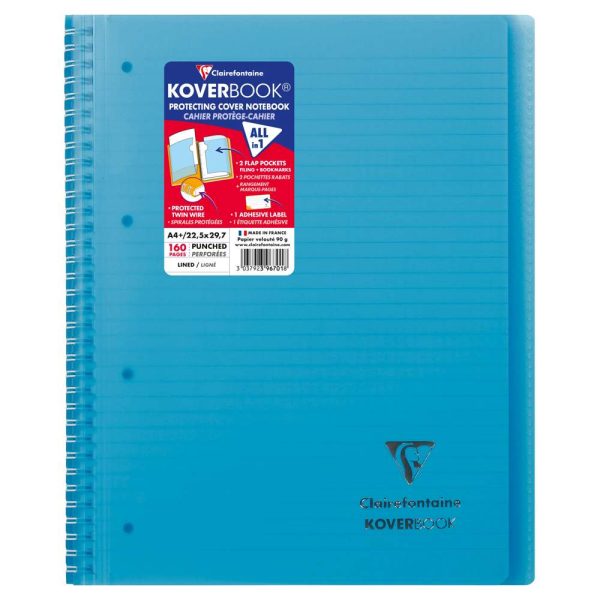 Cahier reliure int&eacute;grale enveloppante Koverbook A4+ 160 pages lign&eacute; sans marge d&eacute;tachables perfor&eacute; 4 trous couverture polypropyl&egrave;ne transparent