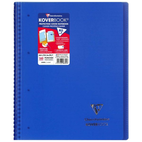 Cahier reliure int&eacute;grale enveloppante Koverbook A4+ 160 pages lign&eacute; sans marge d&eacute;tachables perfor&eacute; 4 trous couverture polypropyl&egrave;ne transparent