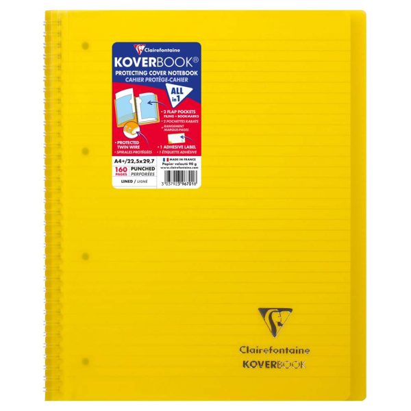 Cahier reliure int&eacute;grale enveloppante Koverbook A4+ 160 pages lign&eacute; sans marge d&eacute;tachables perfor&eacute; 4 trous couverture polypropyl&egrave;ne transparent
