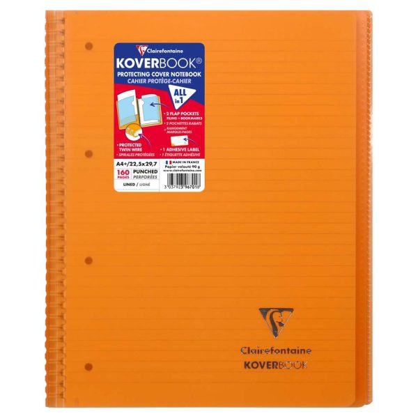 Cahier reliure int&eacute;grale enveloppante Koverbook A4+ 160 pages lign&eacute; sans marge d&eacute;tachables perfor&eacute; 4 trous couverture polypropyl&egrave;ne transparent