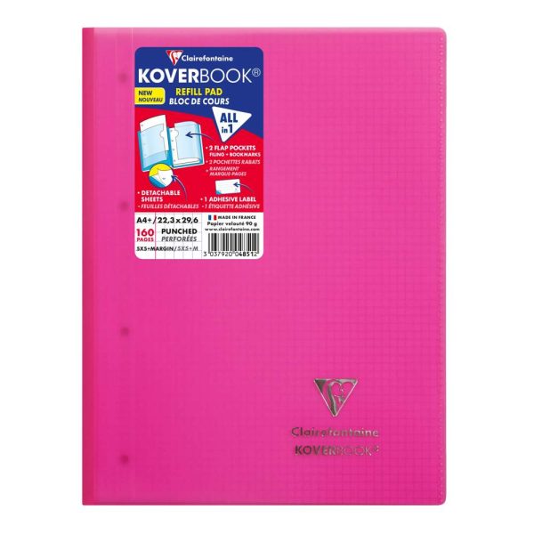 Bloc de cours agraf&eacute; grand c&ocirc;t&eacute; Koverbook A4+ 160 pages d&eacute;tachables perfor&eacute; 4 trous petits carreaux + marge couverture polypropyl&egrave;ne transparent