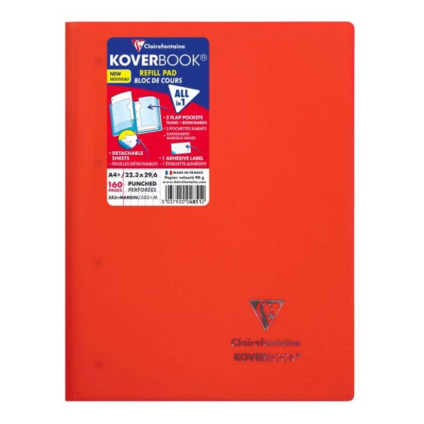 Bloc de cours agraf&eacute; grand c&ocirc;t&eacute; Koverbook A4+ 160 pages d&eacute;tachables perfor&eacute; 4 trous petits carreaux + marge couverture polypropyl&egrave;ne transparent