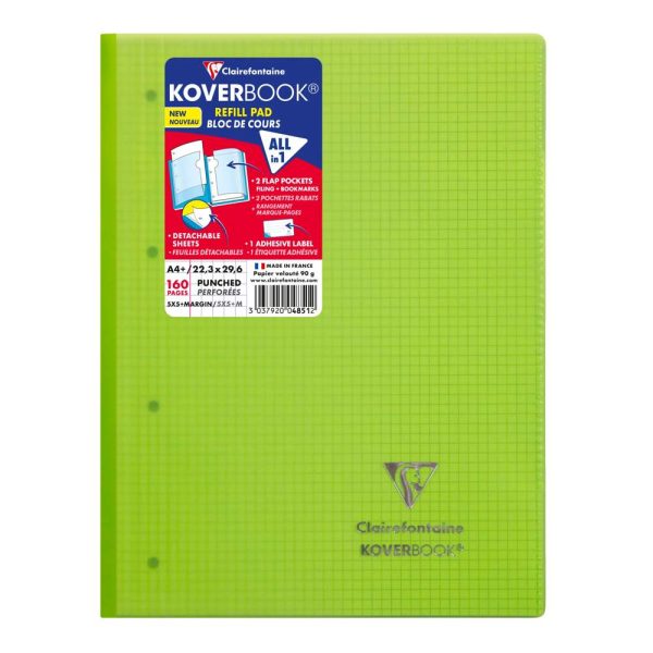 Bloc de cours agraf&eacute; grand c&ocirc;t&eacute; Koverbook A4+ 160 pages d&eacute;tachables perfor&eacute; 4 trous petits carreaux + marge couverture polypropyl&egrave;ne transparent