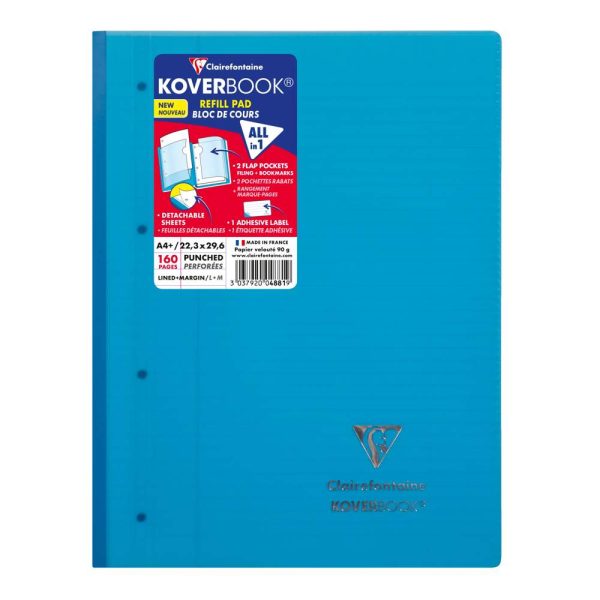 Bloc de cours agraf&eacute; grand c&ocirc;t&eacute; Koverbook A4+ 160 pages d&eacute;tachables perfor&eacute; 4 trous lign&eacute; + marge couverture polypropyl&egrave;ne transparent