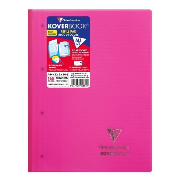 Bloc de cours agraf&eacute; grand c&ocirc;t&eacute; Koverbook A4+ 160 pages d&eacute;tachables perfor&eacute; 4 trous lign&eacute; + marge couverture polypropyl&egrave;ne transparent