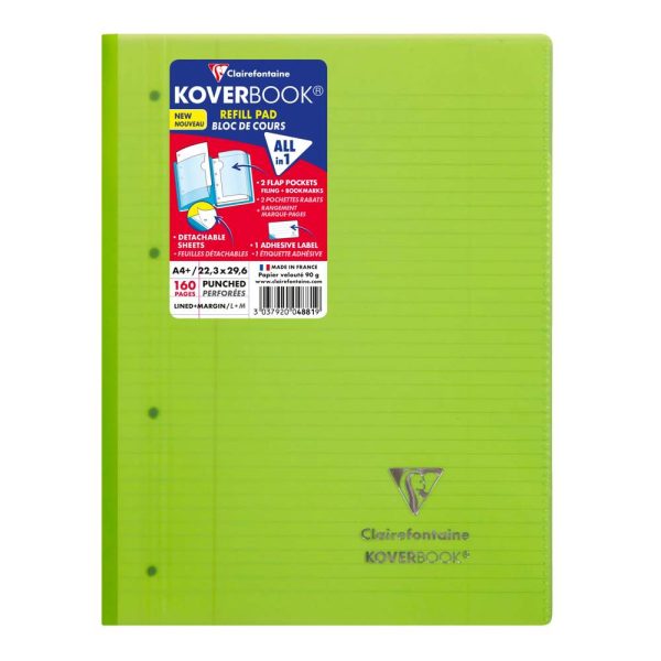 Bloc de cours agraf&eacute; grand c&ocirc;t&eacute; Koverbook A4+ 160 pages d&eacute;tachables perfor&eacute; 4 trous lign&eacute; + marge couverture polypropyl&egrave;ne transparent