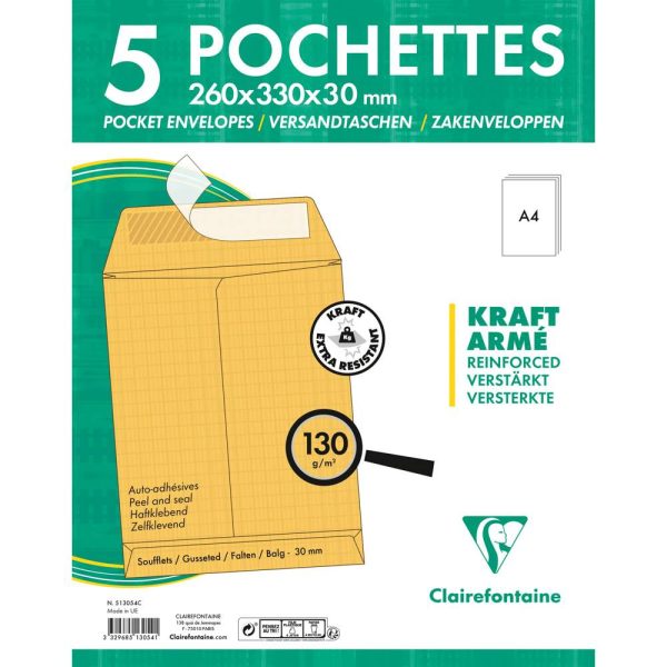 Paquet de 5 Pochettes Kraft Arm&eacute; Brun 24-260&times;330 mm avec Soufflet de 30 mm &ndash; Auto-Adh&eacute;sives &ndash; 130g/m2