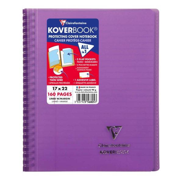 Cahier reliure int&eacute;grale enveloppante Koverbook 17x22cm 160 pages lign&eacute; + marge couverture polypropyl&egrave;ne transparent