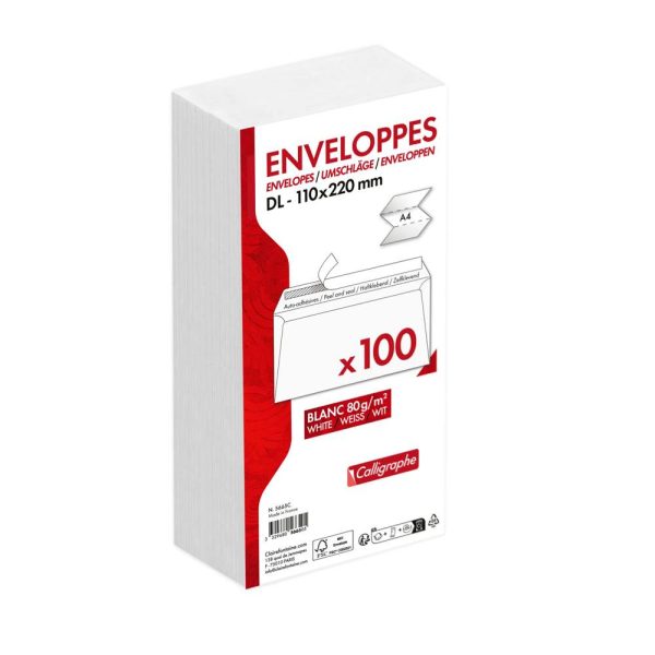 Paquet de 100 Enveloppes Blanches DL-110x220mm &ndash; Auto-Adh&eacute;sives &ndash; 80g/m2
