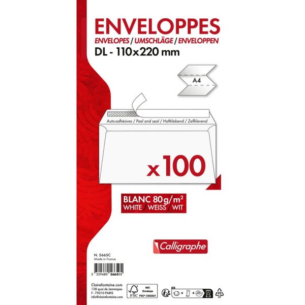 Paquet de 100 Enveloppes Blanches DL-110x220mm &ndash; Auto-Adh&eacute;sives &ndash; 80g/m2