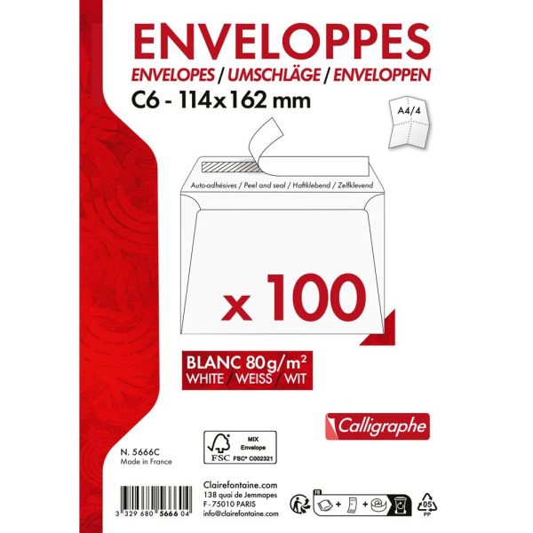 Paquet de 100 Enveloppes Blanches C6-114x162mm &ndash; Auto-Adh&eacute;sives &ndash; 80g/m2
