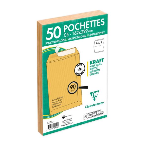 Paquet de 50 Pochettes Kraft Milleraies Brun C5-162&times;229 mm &ndash; Auto-Adh&eacute;sives &ndash; 90g/m2
