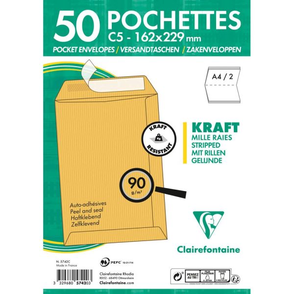 Paquet de 50 Pochettes Kraft Milleraies Brun C5-162&times;229 mm &ndash; Auto-Adh&eacute;sives &ndash; 90g/m2