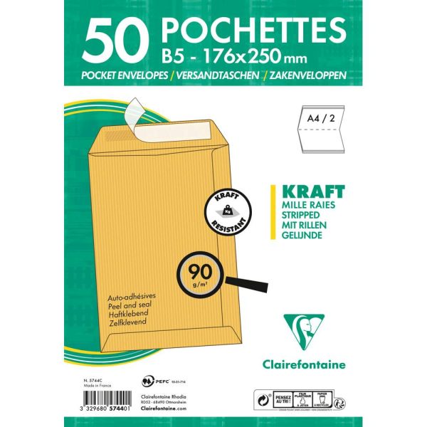 Paquet de 50 Pochettes Kraft Milleraies Brun B5-176&times;250 mm &ndash; Auto-Adh&eacute;sives &ndash; 90g/m2