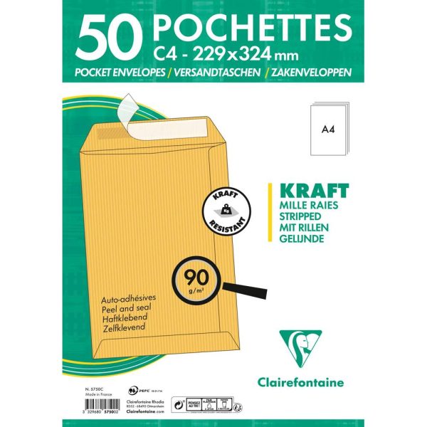 Paquet de 50 Pochettes Kraft Milleraies Brun C4-229&times;324 mm &ndash; Auto-Adh&eacute;sives &ndash; 90g/m2