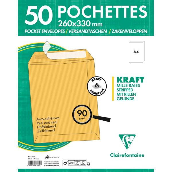 Paquet de 50 Pochettes Kraft Milleraies Brun 24-260&times;330 mm &ndash; Auto-Adh&eacute;sives &ndash; 90g/m2