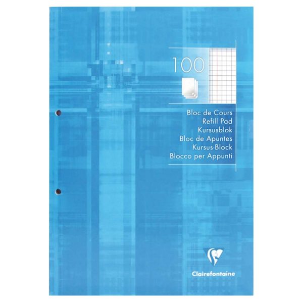 Bloc de cours encoll&eacute; grand c&ocirc;t&eacute; A4 200 pages d&eacute;tachables perfor&eacute;es 2 trous petits carreaux + marge