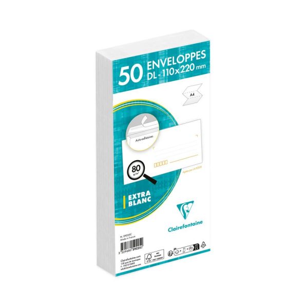 Paquet de 50 Enveloppes Blanches DL-110&times;220 mm &ndash; Pr&eacute;cas&eacute;es &ndash; Auto-Adh&eacute;sives &ndash; 80g/m2