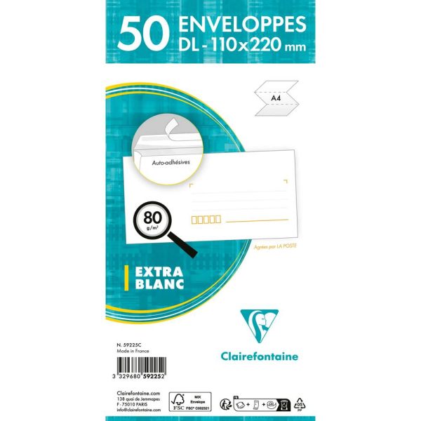 Paquet de 50 Enveloppes Blanches DL-110&times;220 mm &ndash; Pr&eacute;cas&eacute;es &ndash; Auto-Adh&eacute;sives &ndash; 80g/m2