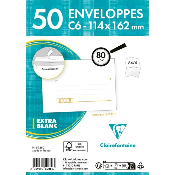 Paquet de 50 Enveloppes Blanches C6-114&times;162 mm &ndash; Pr&eacute;cas&eacute;es &ndash; Auto-Adh&eacute;sives &ndash; 80g/m2