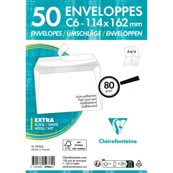 Paquet de 50 Enveloppes Blanches C6-114x162mm &ndash; Auto-Adh&eacute;sives &ndash; 80g/m2