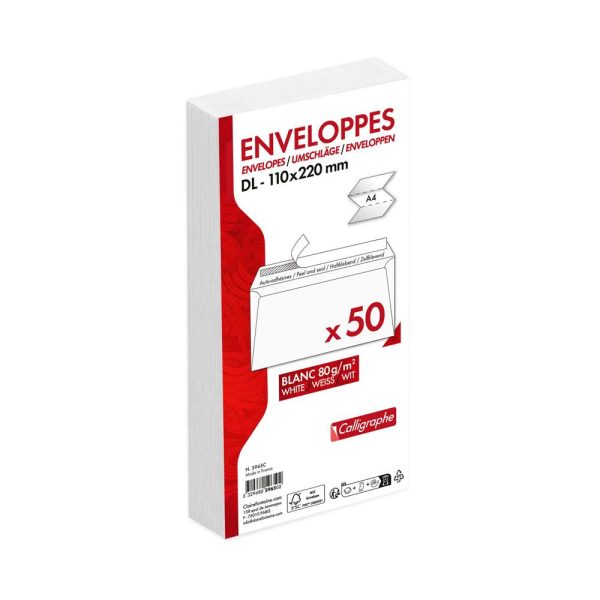 Paquet de 50 Enveloppes Blanches DL-110x220mm &ndash; Auto-Adh&eacute;sives &ndash; 80g/m2