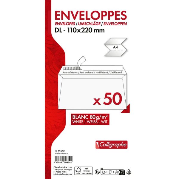 Paquet de 50 Enveloppes Blanches DL-110x220mm &ndash; Auto-Adh&eacute;sives &ndash; 80g/m2