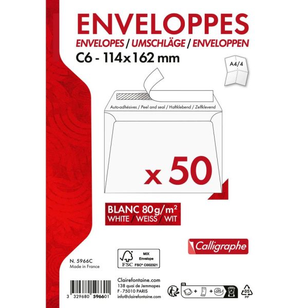 Paquet de 50 Enveloppes Blanches C6-114x162mm &ndash; Auto-Adh&eacute;sives &ndash; 80g/m2