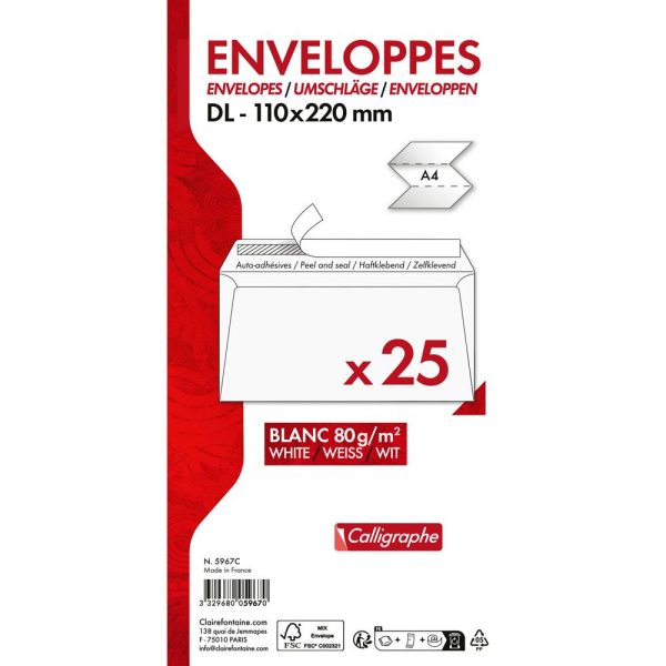 Paquet de 25 Enveloppes Blanches DL- 110x220mm &ndash; Auto-Adh&eacute;sives &ndash; 80g/m2