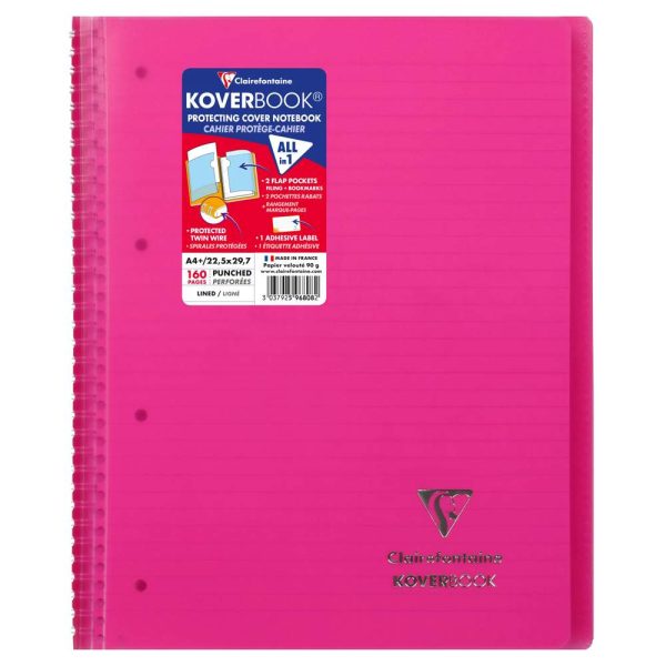 Cahier reliure int&eacute;grale enveloppante Koverbook A4+ 160 pages lign&eacute; + marge d&eacute;tachables perfor&eacute; 4 trous couverture polypropyl&egrave;ne transparent