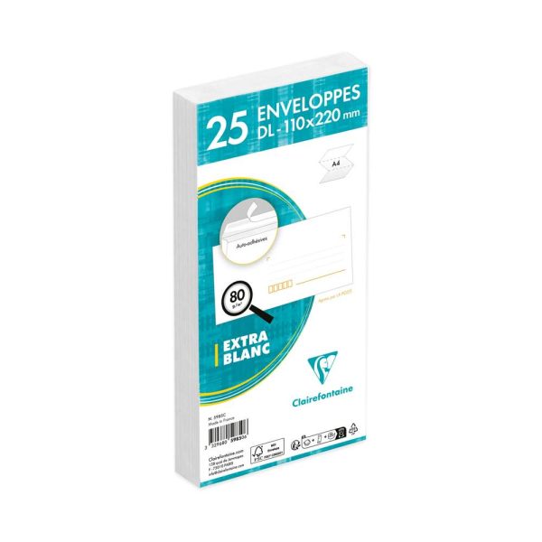 Paquet de 25 Enveloppes Blanches DL-110&times;220 mm &ndash; Pr&eacute;cas&eacute;es &ndash; Auto-Adh&eacute;sives &ndash; 80g/m2