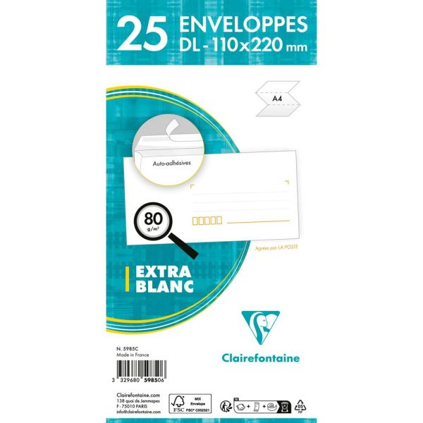 Paquet de 25 Enveloppes Blanches DL-110&times;220 mm &ndash; Pr&eacute;cas&eacute;es &ndash; Auto-Adh&eacute;sives &ndash; 80g/m2