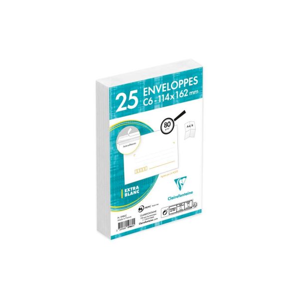 Paquet de 25 Enveloppes Blanches C6-114&times;162 mm &ndash; Pr&eacute;cas&eacute;es &ndash; Auto-Adh&eacute;sives &ndash; 80g/m2