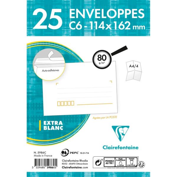 Paquet de 25 Enveloppes Blanches C6-114&times;162 mm &ndash; Pr&eacute;cas&eacute;es &ndash; Auto-Adh&eacute;sives &ndash; 80g/m2