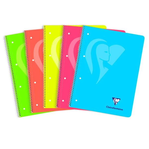Cahier &agrave; spirale Mimesys NEON A4+ 240 pages d&eacute;tachables perfor&eacute;es 4 trous petits carreaux et cadre en-t&ecirc;te 5 couleurs de bandes couverture polypropyl&egrave;ne