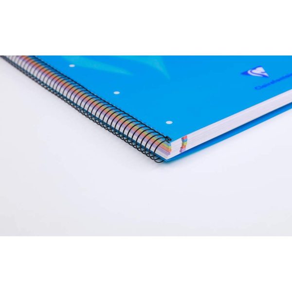 Cahier &agrave; spirale Mimesys A4+ 240 pages d&eacute;tachables perfor&eacute;es 4 trous petits carreaux et cadre en-t&ecirc;te 5 couleurs de bandes couverture polypropyl&egrave;ne