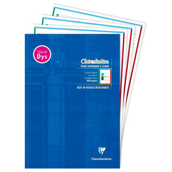 Bloc d&rsquo;&eacute;criture sp&eacute;cial Dys encoll&eacute; en-t&ecirc;te A4 100 pages d&eacute;tachables cadre et lignes 4 couleurs Interligne 3 mm