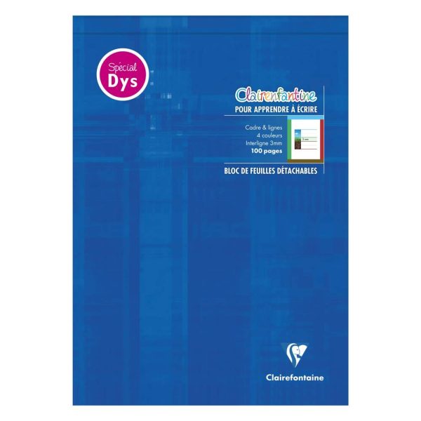 Bloc d&rsquo;&eacute;criture sp&eacute;cial Dys encoll&eacute; en-t&ecirc;te A4 100 pages d&eacute;tachables cadre et lignes 4 couleurs Interligne 3 mm