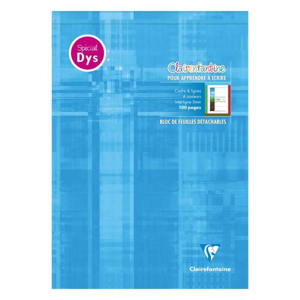 Bloc d&rsquo;&eacute;criture sp&eacute;cial Dys encoll&eacute; en-t&ecirc;te A4 100 pages d&eacute;tachables cadre et lignes 4 couleurs Interligne 5 mm